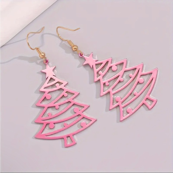 Pink Alloy Metal Christmas Tree Hollow Earrings - Picture 1 of 6